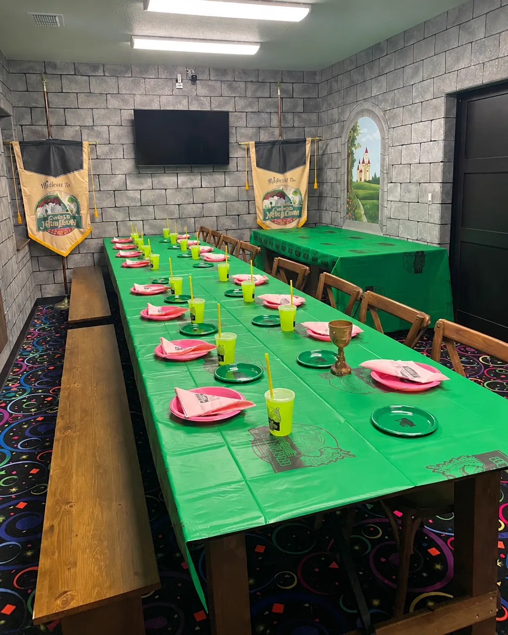 Castle banquet room set for a Cooper’s Kingdom party